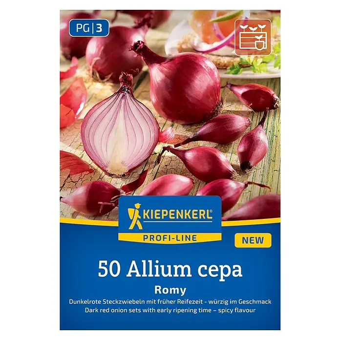 Kiepenkerl Profi-Line Steckzwiebeln Romy - Allium cepa, Erntezeit: Juli - Das Bild zeigt eine Packung "50 Allium cepa Romy" Saatgut, dunkelrote Steckzwiebeln mit frühem Reifezeitpunkt und würzigem Geschmack.