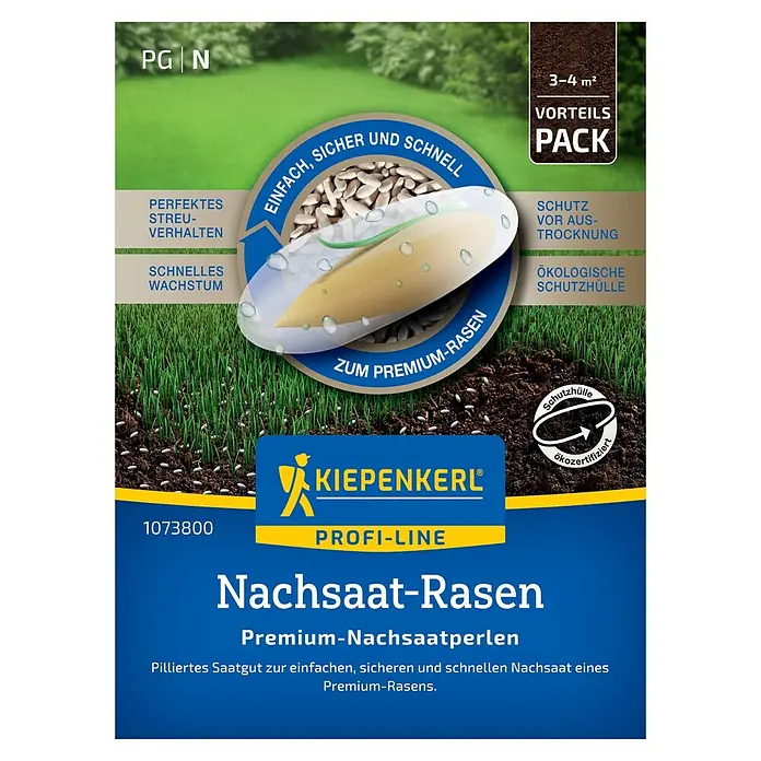 Kiepenkerl Profi-Line Nachsaat-Rasen Premium-Nachsaatperlen - 3 m² - 4 m² - Nachsaat-Rasen von Kiepenkerl Profi-Line, eine Premium-Mischung für schnelles und sicheres Nachsäen, ideal für einen dichten, grünen Rasen.