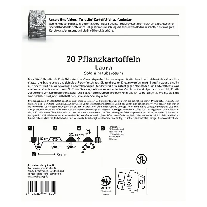 Kiepenkerl Pflanzkartoffeln Laura - Solanum tuberosum, 20 Stk. - Pflanzanleitung für 20 Pflanzkartoffeln Laura, die Pflanztiefe, den Pflanzabstand und die Ernte veranschaulicht.