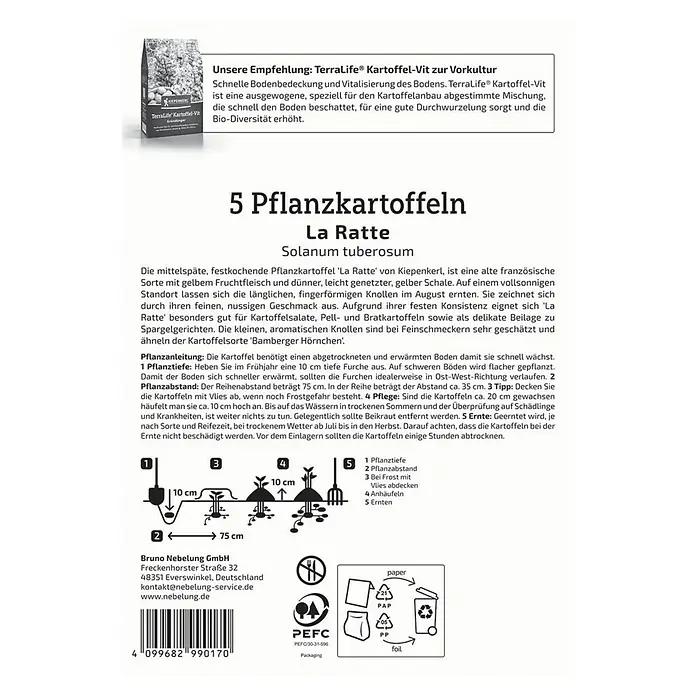 Kiepenkerl Profi-Line Pflanzkartoffeln La Ratte - Solanum tuberosum, 5 Stk., Erntezeit: September - Pflanzkartoffeln 'La Ratte' für den Anbau. Die Sorte mit gelbem Fruchtfleisch ist ideal für Kartoffelsalate und Bratkartoffeln.