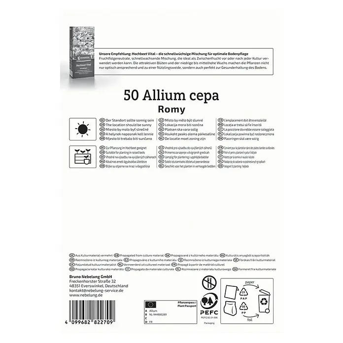 Kiepenkerl Profi-Line Steckzwiebeln Romy - Allium cepa, Erntezeit: Juli - Bild der Verpackung von 50 Allium cepa Romy Blumenzwiebeln, ideal für sonnige Standorte und Hochbeete.
