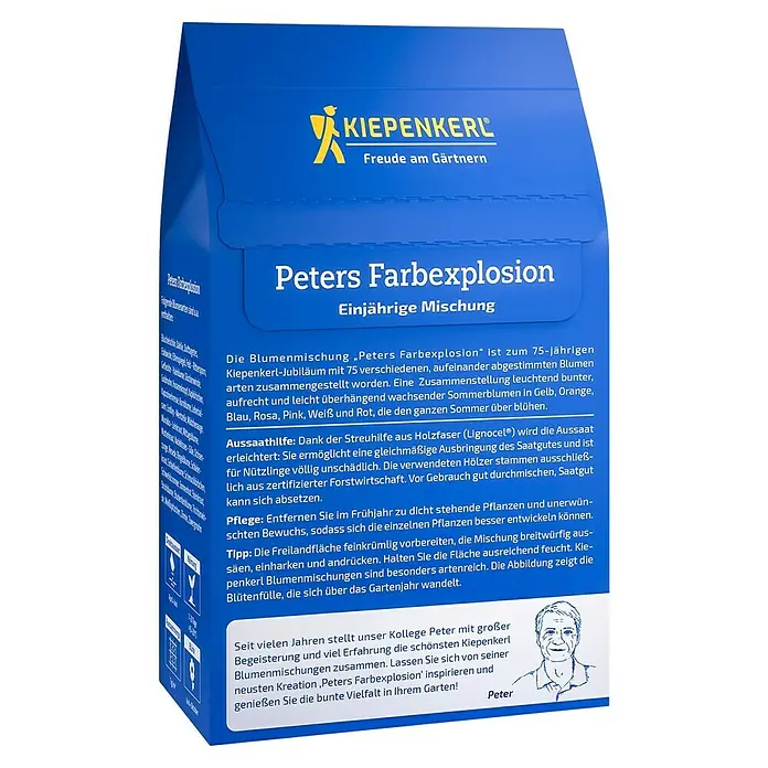 Kiepenkerl Profi-Line Blumensamenmischung Peters Farbexplosion - Mischung, Saatgut ausreichend für: 2 m² - 3 m² - Samentüte "Peters Farbexplosion" von Kiepenkerl. Eine einjährige Mischung für eine bunte Vielfalt im Garten mit leicht überhängenden Sommerblumen.