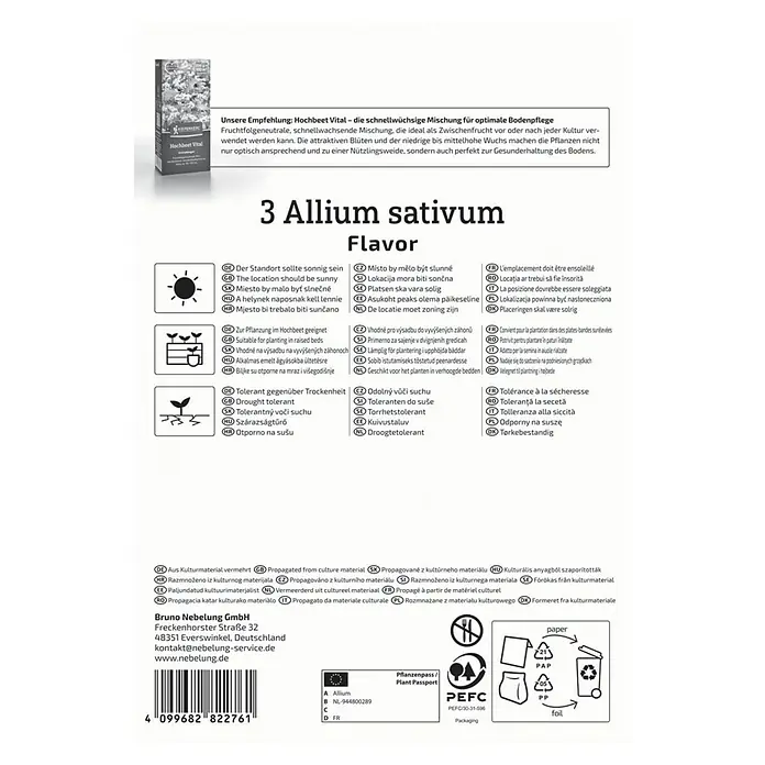 Kiepenkerl Knoblauch Flavor - Allium sativum - Verpackung mit Informationen zu Allium sativum Flavor, einer Mischung für optimale Bodenpflege.