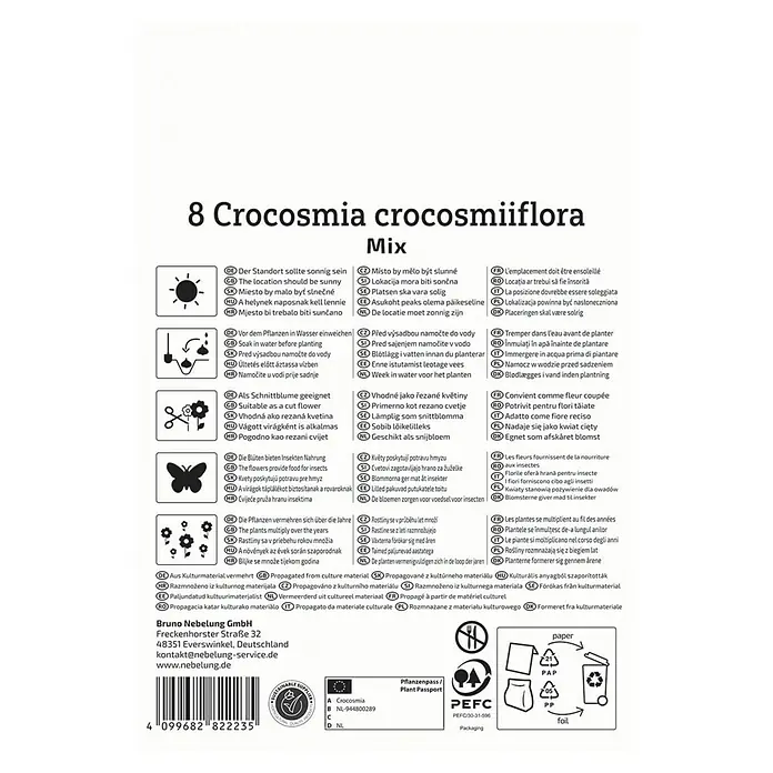 Kiepenkerl Blumensamenmischung Crocosmia kleinblumige Mischung - Crocosmia crocosmiiflora, Mehrfarbig - Produktverpackung mit Informationen zur 8 Crocosmia crocosmiiflora-Mischung, einschließlich Standort, Pflege und Vermehrung.
