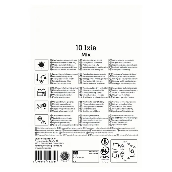 Kiepenkerl Blumensamenmischung Klebschwertel Mischung - Ixia x Hybrida, Mehrfarbig - Die Verpackung von "10 Ixia Mix" Blumenzwiebeln, mit Anbauhinweisen und Recyclinginformationen.