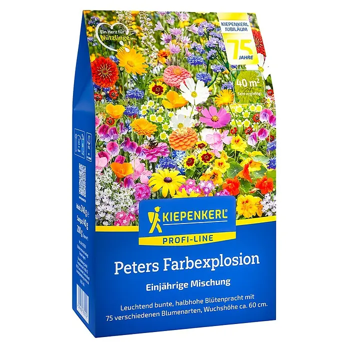 Kiepenkerl Profi-Line Blumensamenmischung Peters Farbexplosion - Mischung, Saatgut ausreichend für: 2 m² - 3 m² - Abbildung einer Kiepenkerl "Peters Farbexplosion" Blumenmischung, die eine Vielfalt an einjährigen Blumen mit leuchtenden Farben bietet.