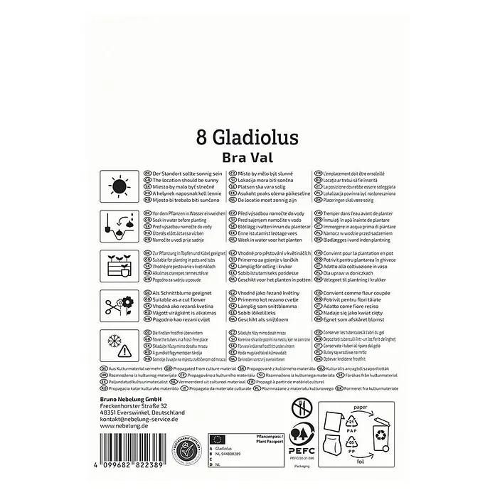 Kiepenkerl Blumensamenmischung Gladiolus Bra Val - Gladiolus x Hybrida - Produktinformationen für 8 Gladiolen "Bra Val", einschließlich Pflanzanweisungen und Entsorgungshinweise.