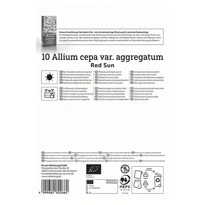 Kiepenkerl Bio Steckzwiebeln Schalotte Red Sun Gr. 7/15 - Allium cepa, Erntezeit: Juli - Bild einer Packung mit 10 Allium cepa var. aggregatum Red Sun Blumenzwiebeln, ideal für sonnige Standorte und Hochbeete.