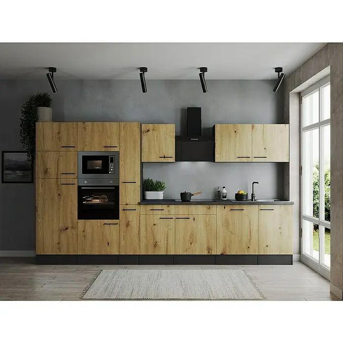Respekta Olivia Küchenzeile - Breite: 370 cm, Artisan Eiche Nachbildung, Mit Elektrogeräten - Moderne Küche mit Holzfronten, schwarzen Akzenten und integrierten Geräten für stilvolles Kochen.