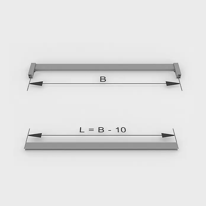 Emuca Kleiderstangen-Set Luxe - Länge: 75 cm, Tiefschwarz - Die Abbildung zeigt zwei graue Aluminiumprofile mit Maßangaben. Das obere Profil hat die Länge B, das untere die Länge L = B - 10.