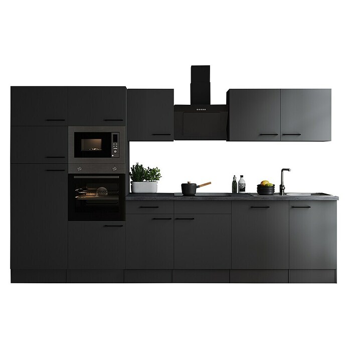 Respekta Olivia Küchenzeile (Breite: 340 cm, Grau, Farbe Arbeitsplatte: Granit Optik, Mit Elektrogeräten, Schwarze Griffe) | BAUHAUS