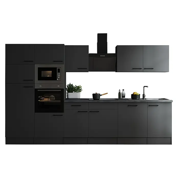 Respekta Olivia Küchenzeile - Breite: 340 cm, Grau, Farbe Arbeitsplatte: Granit Optik, Mit Elektrogeräten, Schwarze Griffe - Graue Küche mit Schränken, Mikrowelle, Ofen, Dunstabzugshaube, Spüle und Kochutensilien für ein modernes und funktionales Design.