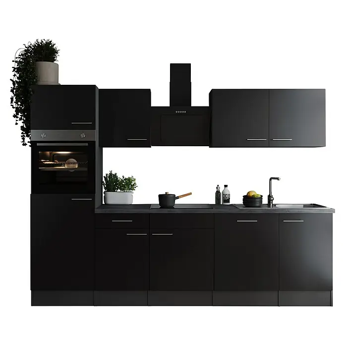 Respekta Olivia Küchenzeile - Breite: 280 cm, Schwarz, Mit Elektrogeräten - Eine moderne, schwarze Küche mit integriertem Ofen, Spüle und reichlich Stauraum. Das Design ist elegant und funktional.