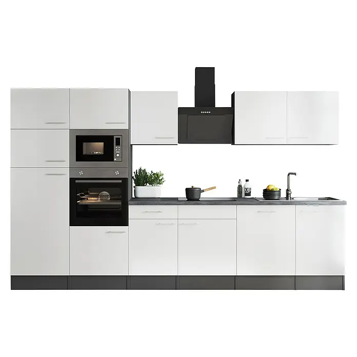 Respekta Olivia Küchenzeile - Breite: 340 cm, Weiß, Mit Elektrogeräten - Weiße Einbauküche mit Backofen, Mikrowelle und Dunstabzugshaube für ein modernes Küchendesign. Viel Stauraum und moderne Optik.