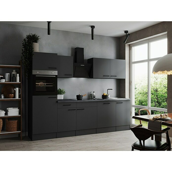 Respekta Olivia Küchenzeile (Breite: 280 cm, Grau, Farbe Arbeitsplatte: Granit Optik, Mit Elektrogeräten, Schwarze Griffe) | BAUHAUS