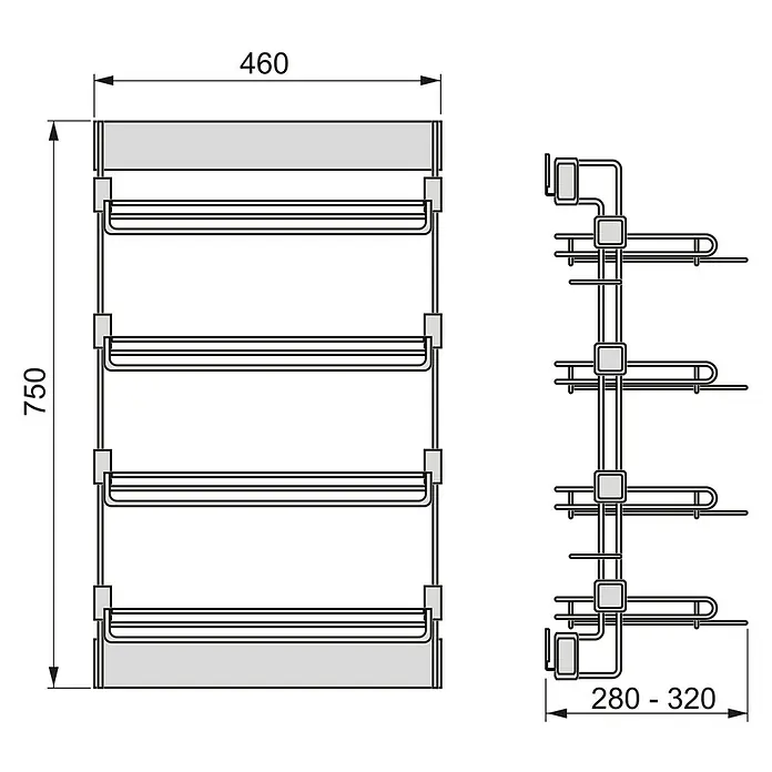 Emuca Schuhregal ausziehbar - L x B x H: 75 x 46 x 32 cm, Links, Titanium - Darstellung eines ausziehbaren Küchenregals mit vier Ebenen, inklusive detaillierter Maßangaben für Planung.