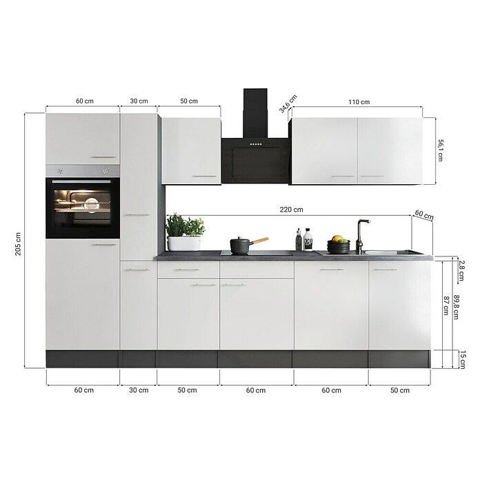 Respekta Olivia Küchenzeile (Breite: 310 cm, Farbe Arbeitsplatte: Granit Optik, Grau, Mit Elektrogeräten, Silberne Griffe) | BAUHAUS