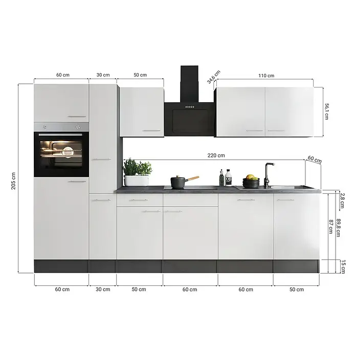Respekta Olivia Küchenzeile - Breite: 310 cm, Farbe Arbeitsplatte: Granit Optik, Grau, Mit Elektrogeräten, Silberne Griffe - Die moderne Küchenzeile bietet mit Maßen und Stauraum viel Komfort für kleine und mittlere Räume.
