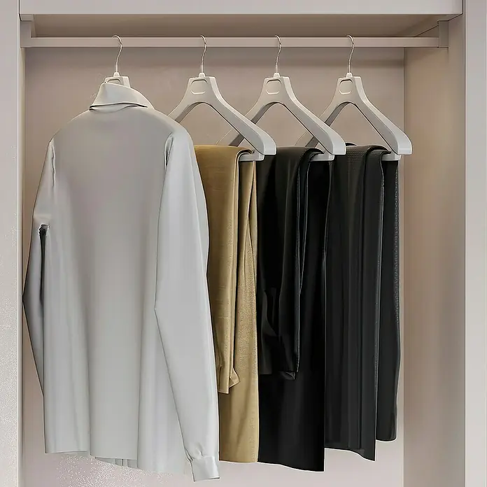 Emuca Kleiderstangen-Set Luxe - Länge: 75 cm, Steingrau - Ordentlich aufgereihte Kleidung im Schrank: Ein weißes Hemd, eine goldene Hose und zwei schwarze Hosen, alle an grauen Kleiderbügeln.