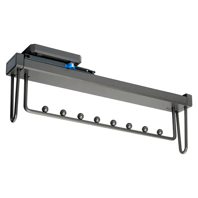 Emuca Kleiderstange Moka - Länge: 445 mm, Titanium - Produktansicht einer modernen, grauen Kleiderstange mit integrierter Beleuchtung und Kugeln. Ideal für stilvolle und funktionale Garderobenlösungen.