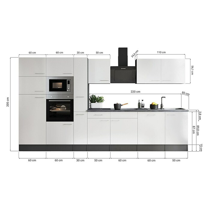 Respekta Olivia Küchenzeile (Breite: 370 cm, Grau, Farbe Arbeitsplatte: Granit Optik, Mit Elektrogeräten, Schwarze Griffe) | BAUHAUS
