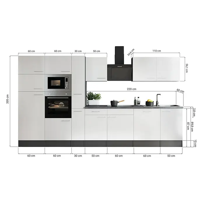 Respekta Olivia Küchenzeile - Breite: 370 cm, Artisan Eiche Nachbildung, Mit Elektrogeräten - Ein Küchenschrank-Set mit modernen weißen Fronten, inklusive Einbaugeräten wie Backofen und Mikrowelle, sowie Dunstabzugshaube.
