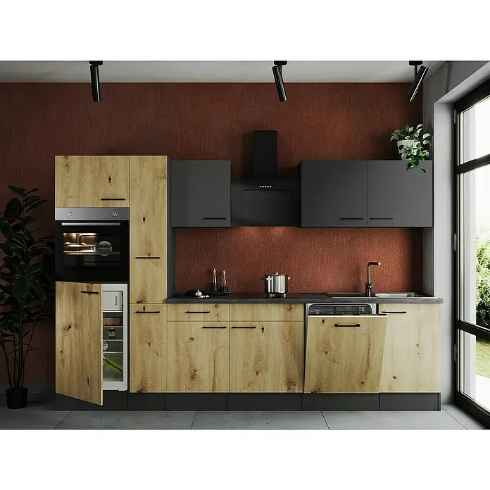 Respekta Olivia Küchenzeile - Breite: 310 cm, Artisan Eiche Nachbildung/Grau, Mit Elektrogeräten - Modern gestaltete Küche mit Holzfronten, schwarzen Hängeschränken und zeitgemäßer Ausstattung für ein stilvolles Kocherlebnis.
