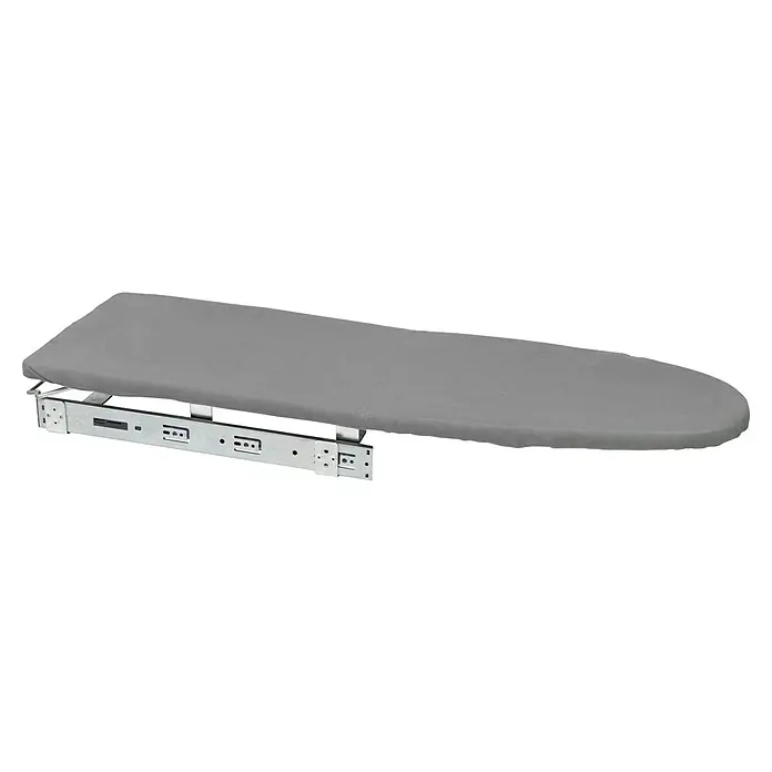 Emuca Bügeltisch Iron 2 Klapp- & ausziehbar - 89 x 30 cm - Ein ausziehbares Bügelbrett mit grauem Bezug ist auf einem schwarzen Hintergrund abgebildet. Ideal für kleine Räume.