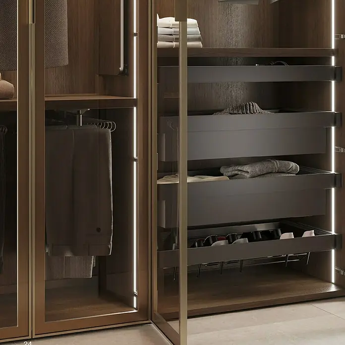 Emuca Hosenauszug - L x B x H: 345 x 470 x 85 mm, Titanium - Einblick in einen modernen Kleiderschrank mit schwebenden Schubladen, Hängevorrichtungen und integrierter Beleuchtung für stilvolle Aufbewahrung.