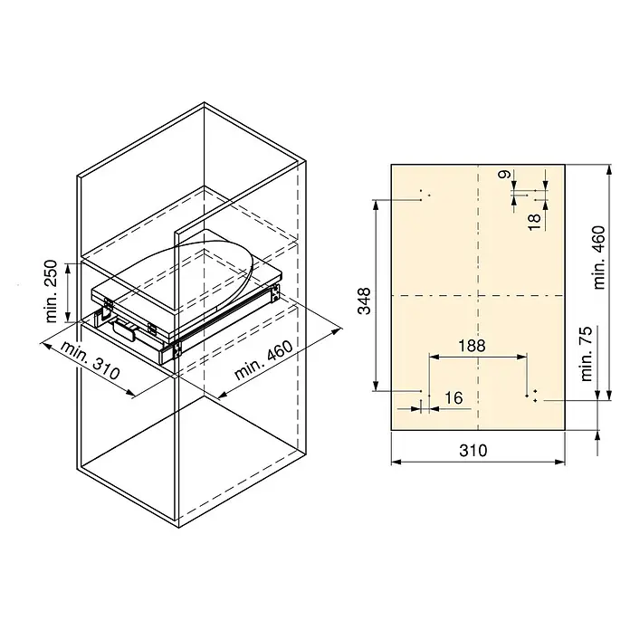 Emuca Bügeltisch Iron 2 Klapp- & ausziehbar - 89 x 30 cm - Eine Schemazeichnung zeigt die Einbaumaße einer Dunstabzugshaube mit minimalen Angaben zu Höhe, Breite und Tiefe für die Installation.