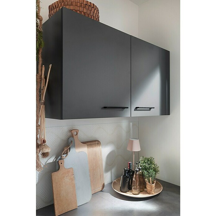 Respekta Olivia Winkelküche (172 x 340 cm, Grau, Farbe Arbeitsplatte: Granit Optik, Mit Elektrogeräten, Schwarze Griffe) | BAUHAUS