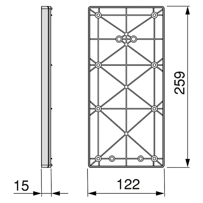 Emuca Distanz-Abstandshalter - L x B x H: 1,5 x 12,2 x 25,9 cm, Titanium - Eine technische Zeichnung eines Möbelstücks mit den Maßen 15 x 122 x 259 mm. Detaillierte Ansicht zur Montage.