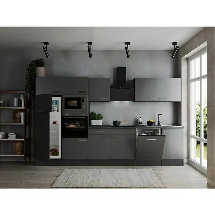 Respekta Olivia Küchenzeile - Breite: 340 cm, Farbe Arbeitsplatte: Granit Optik, Grau, Mit Elektrogeräten, Silberne Griffe - Moderne Küche mit grauen Schränken, integrierten Geräten und stilvoller Beleuchtung. Das Design vereint Funktionalität und zeitgemäße Ästhetik auf ideale Weise.