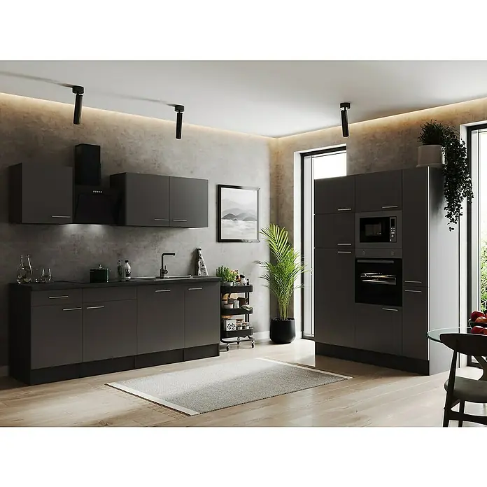 Respekta Olivia Küchenzeile - Breite: 370 cm, Farbe Arbeitsplatte: Granit Optik, Grau, Mit Elektrogeräten, Silberne Griffe - Moderne Küche mit dunklen Schränken, integrierten Geräten und stimmungsvoller Beleuchtung. Ein stilvoller Raum für kulinarische Erlebnisse mit viel Stauraum.