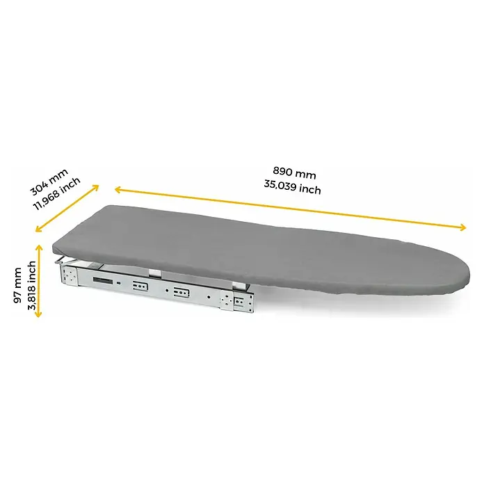 Emuca Bügeltisch Iron 2 Klapp- & ausziehbar - 89 x 30 cm - Produktabbildung eines Bügelbretts mit ausziehbarer Funktion und Maßangaben in Millimetern und Zoll für seine Dimensionen.