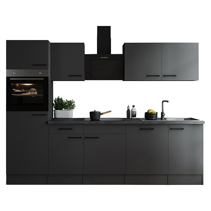 Respekta Olivia Küchenzeile (Breite: 280 cm, Grau, Farbe Arbeitsplatte: Granit Optik, Mit Elektrogeräten, Schwarze Griffe) | BAUHAUS