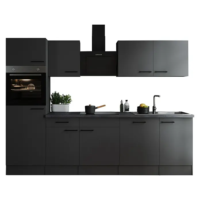Respekta Olivia Küchenzeile - Breite: 280 cm, Grau, Farbe Arbeitsplatte: Granit Optik, Mit Elektrogeräten, Schwarze Griffe - Graue Küchenzeile mit integriertem Backofen, Kochfeld und Spüle. Die Hängeschränke bieten zusätzlichen Stauraum in der modernen Küche.