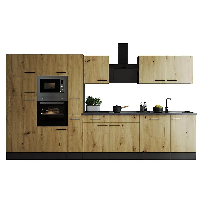 Respekta Olivia Küchenzeile - Breite: 370 cm, Artisan Eiche Nachbildung, Mit Elektrogeräten - Küchenschränke mit Holzoptik und modernen schwarzen Griffen, dazu ein eingebauter Backofen und eine Mikrowelle.