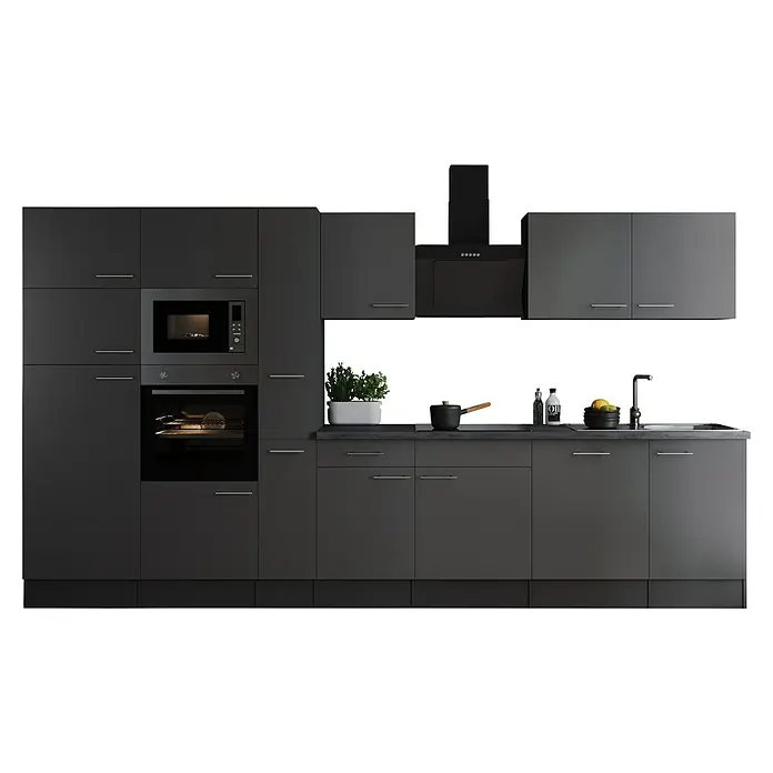 Respekta Olivia Küchenzeile - Breite: 370 cm, Farbe Arbeitsplatte: Granit Optik, Grau, Mit Elektrogeräten, Silberne Griffe - Moderne graue Küche mit Einbaugeräten wie Ofen und Mikrowelle, sowie Spüle und Kochfeld mit Dunstabzugshaube.
