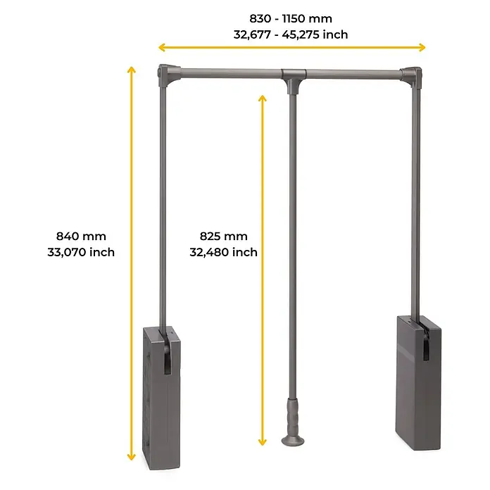 Emuca Kleiderstange Sway - Breitenverstellung: 830 mm - 1.150 mm, Titanium - Abbildung einer Kleiderstange mit Maßen. Perfekt für die Organisation von Kleidung im Schrank.