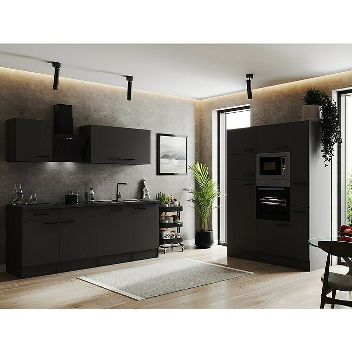 Respekta Olivia Küchenzeile (Breite: 370 cm, Grau, Farbe Arbeitsplatte: Granit Optik, Mit Elektrogeräten, Schwarze Griffe) | BAUHAUS