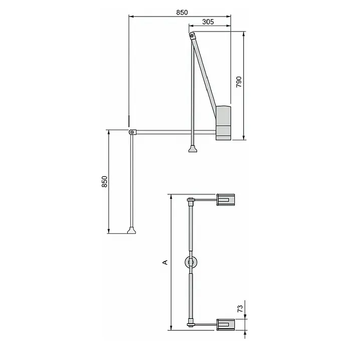 Emuca Kleiderstange Wandmontage - Breitenverstellung: 600 mm - 830 mm, Traglast: 12 kg - Abbildung eines Türschließers mit den Maßen 850 x 850 mm und einer Armlänge von 305 mm, Höhe des Gehäuses beträgt 790 mm.