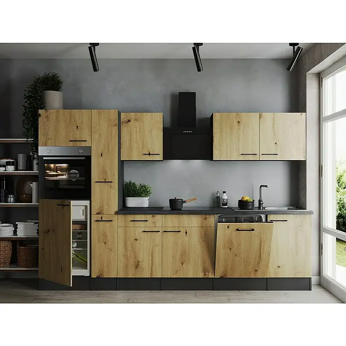 Respekta Olivia Küchenzeile - Breite: 310 cm, Artisan Eiche Nachbildung, Mit Elektrogeräten - Moderne Küche mit Holzfronten, schwarzen Akzenten und integrierten Geräten für ein stilvolles und funktionales Design.