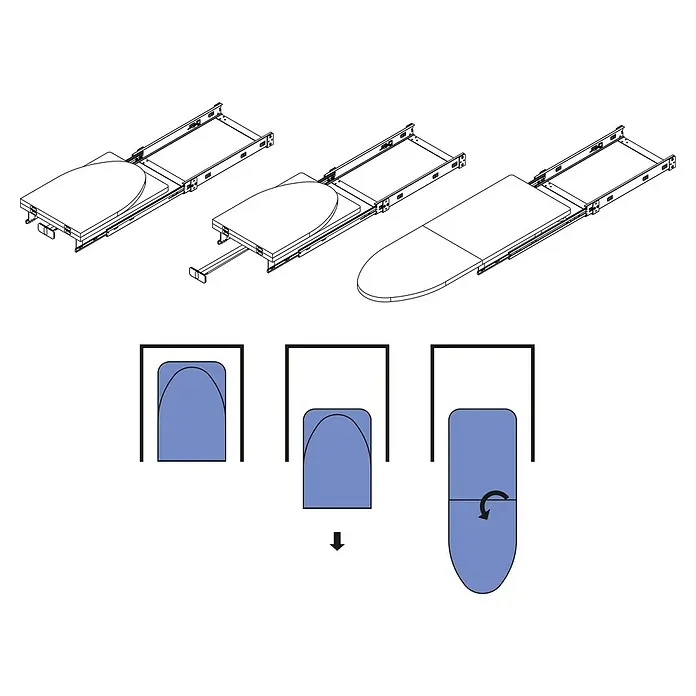 Emuca Bügeltisch Iron 2 Klapp- & ausziehbar - 89 x 30 cm - Dreiteilige Darstellung eines ausziehbaren und drehbaren Bügelbretts für eine platzsparende Aufbewahrung.