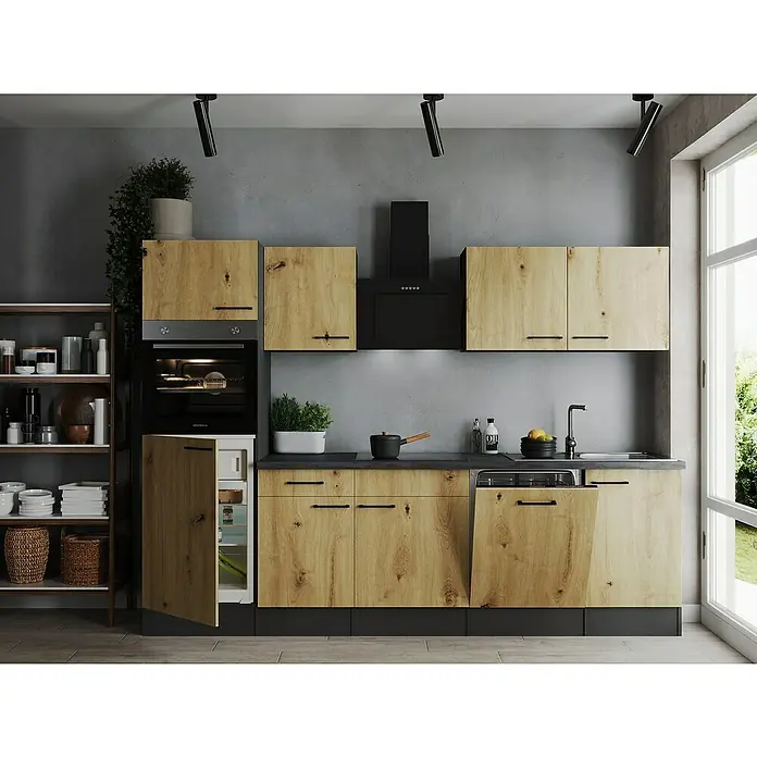 Respekta Olivia Küchenzeile - Breite: 280 cm, Artisan Eiche Nachbildung, Mit Elektrogeräten - Moderne Küche mit Holzfronten und schwarzem Dunstabzug. Die klaren Linien und die natürliche Farbgebung schaffen eine einladende Atmosphäre.
