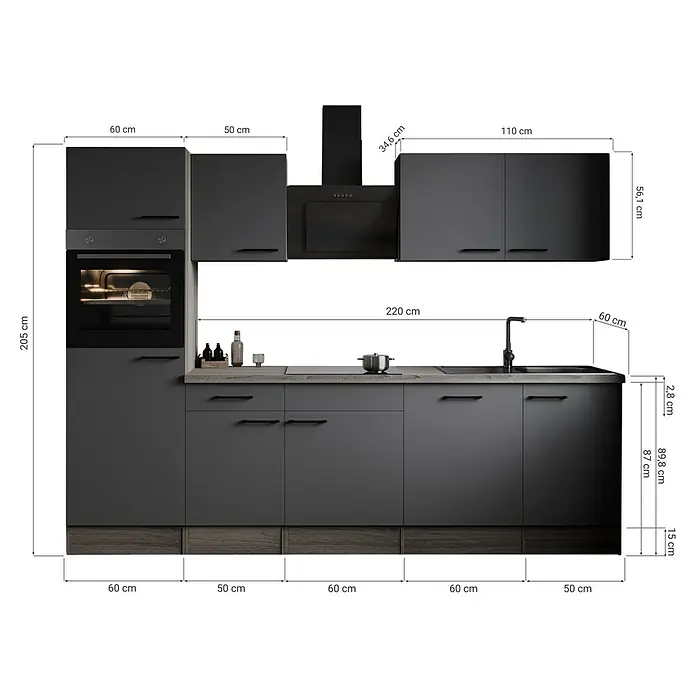 Respekta Olivia Küchenzeile - Breite: 280 cm, Grau, Farbe Arbeitsplatte: Eiche York Nachbildung, Mit Elektrogeräten, Schwarze Griffe - Moderne, graue Küche mit Ober- und Unterschränken, Herd, Spüle und Dunstabzugshaube, mit präzisen Maßangaben für Design und Planung.