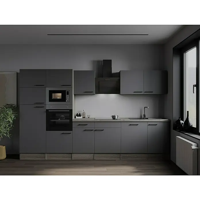 Respekta Olivia Küchenzeile - Breite: 340 cm, Grau, Farbe Arbeitsplatte: Eiche York Nachbildung, Mit Elektrogeräten, Schwarze Griffe - Moderne Küche mit grauen Schränken, integrierten Geräten und Holzboden. Das Design ist minimalistisch und funktional gestaltet.