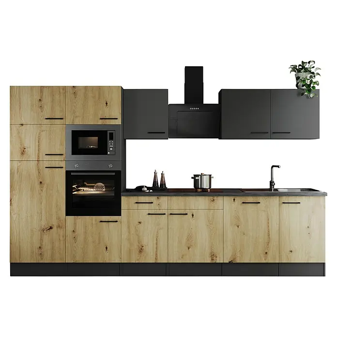 Respekta Olivia Küchenzeile - Breite: 340 cm, Artisan Eiche Nachbildung/Grau, Mit Elektrogeräten - Moderne Küche mit Holzfronten und grauen Hängeschränken. Der Herd mit Dunstabzugshaube bietet Platz für kulinarische Kreativität.