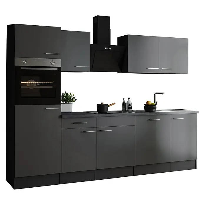 Respekta Olivia Küchenzeile - Breite: 280 cm, Farbe Arbeitsplatte: Granit Optik, Grau, Mit Elektrogeräten, Silberne Griffe - Graue moderne Küche mit Einbaugeräten, die ein elegantes und funktionelles Design bietet.