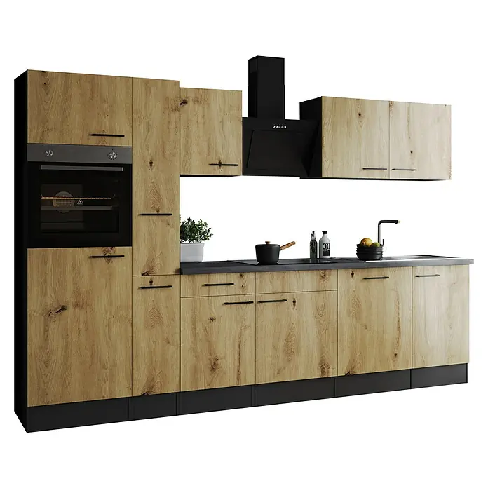 Respekta Olivia Küchenzeile - Breite: 310 cm, Artisan Eiche Nachbildung, Mit Elektrogeräten - Moderne Küche mit Holzfronten, integriertem Backofen und Dunstabzugshaube. Die Küchenschränke bieten viel Stauraum.